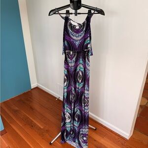 Sleeveless Purple & Teal Printed Maxi Dress